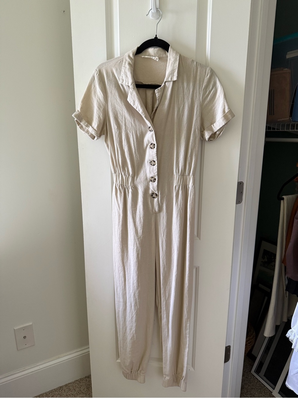 Cream Short-Sleeve Jumpsuit Dress